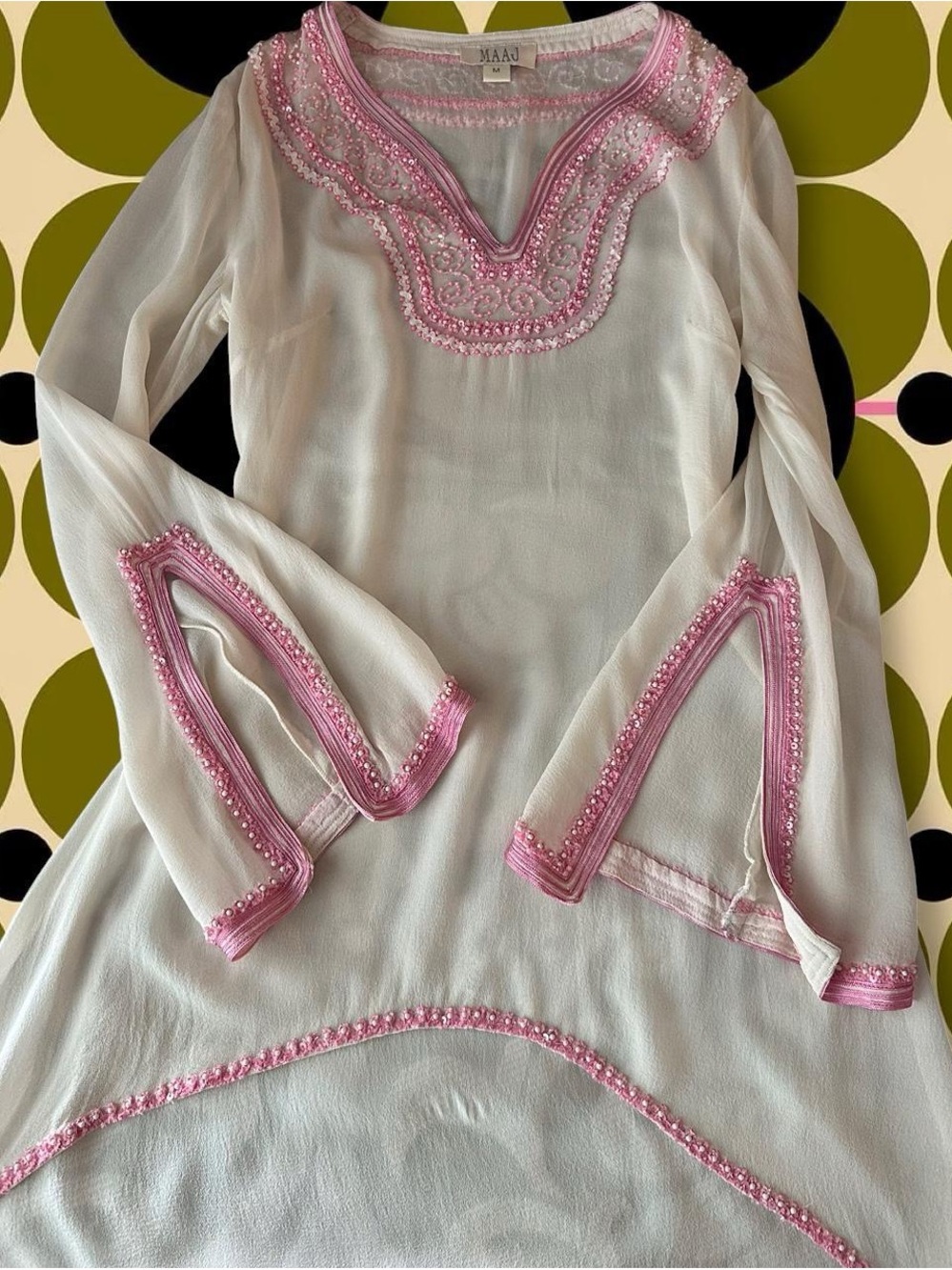 Cream Mini silk Dress with Pink Beading